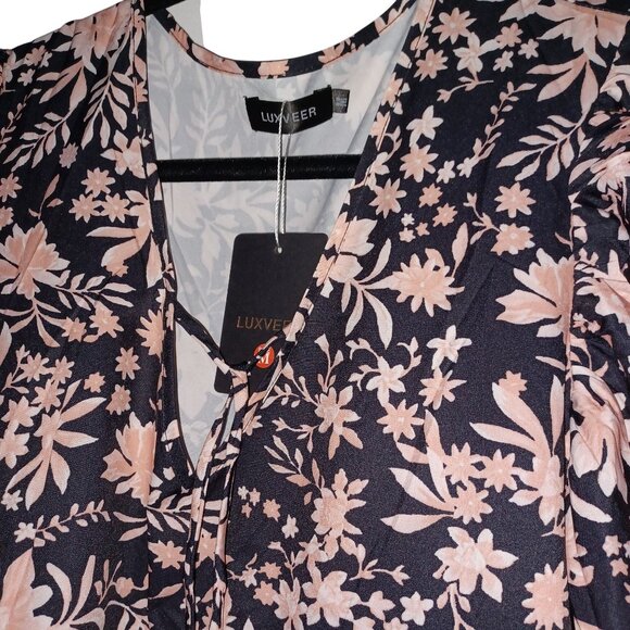 Womens Medium Boho Floral Maxi Dress Black Peach Soft Flowy Puff Sleeves V-Neck - Picture 4 of 5